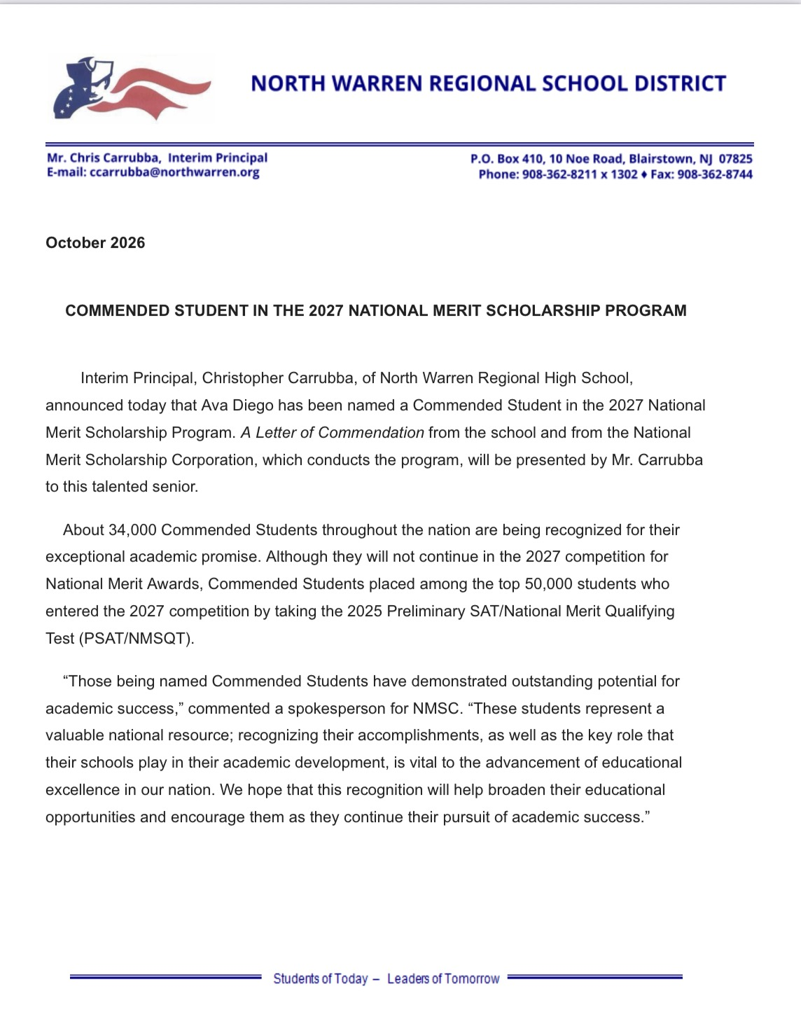 A formal press release from North Warren Regional School District announcing Ava Diego as a Commended Student in the National Merit Scholarship Program.
