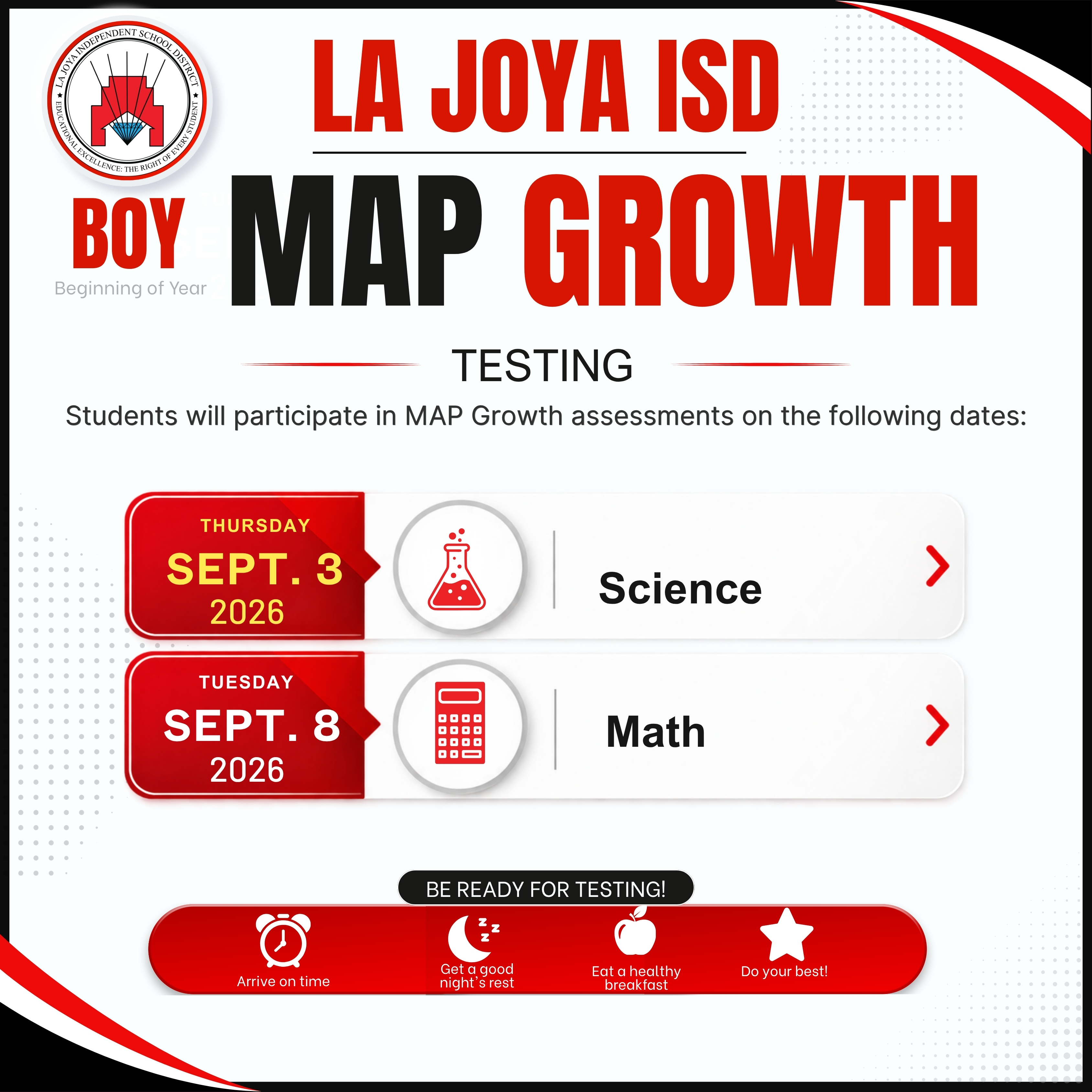 📚✏️ MAP Growth testing continues tomorrow, La Joya ISD!