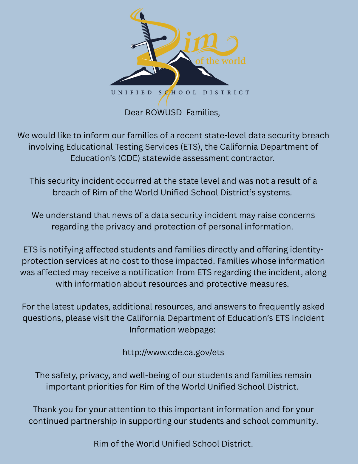 Important Notice to Students and Families: State-Level Data Security Breach Involving Educational Testing Service (ETS)
